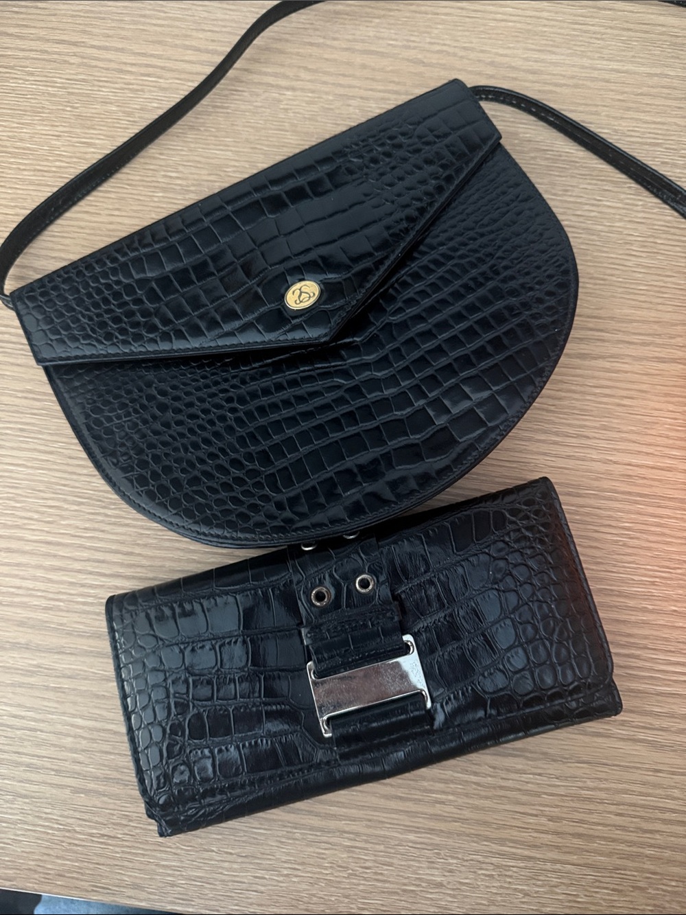 Black Croc-Embossed Half-Moon Shoulder Bag with Matching Wallet